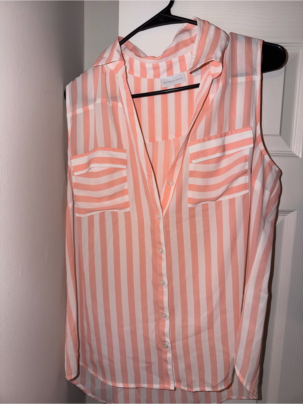 New York & Company Peach and White Striped Sleeveless Button-Down Top